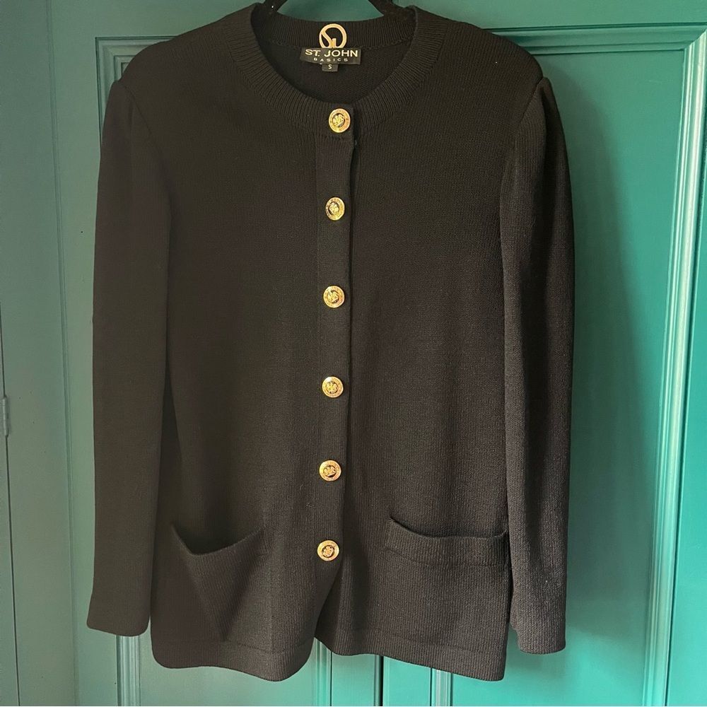 St. John Basics Black Gold Button Cardigan Sweater Small Classic Knit Luxury - Picture 3 of 7